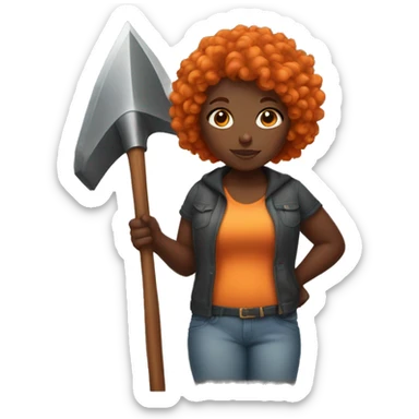 Black thick girl with curly orange hair and a pickaxe sticker