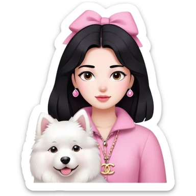 Black-haired girl in pink Chanel-style outfit with white Samoyed dog sticker