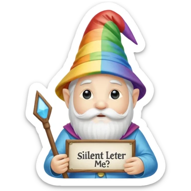 A zen rainbow gnome, holding a sign reading, "Silent Letter Day, who's with me?” sticker
