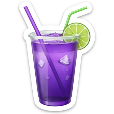 purple cocktail with a lime in a plastic cup with lid and straw sticker