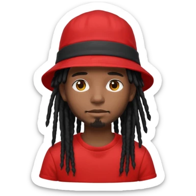 dark brown skin, black hair dreadlocks, wear red t-shirt, black bucket hat sticker
