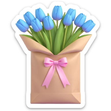 a bunch of pastel blue tulips arranged in a white paper bag with a soft pink ribbon, light blue tones, subtle shadows, minimal look, 3D iOS emoji style sticker
