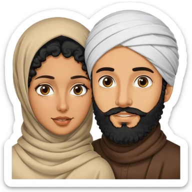 a tanned with black curly hair men with a beard and a tanned hijabi women sticker