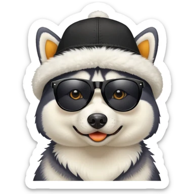 Husky dog wearing black sunglasses and a hat with duck pattern sticker