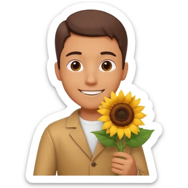 man holding a sunflower portrait, head and shoulders only, gentle smile, sunflower visible in hand, warm positive vibe, 3D cartoon style, mobile game icon style, clean background, no text, no watermark
 sticker