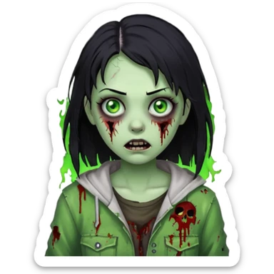 zombie girl with black hair, glowing green eyes, horror zombie green sticker