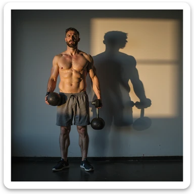 man training with weights, but his shadow on the wall appears larger, symbolizing difficulty losing weight, symbolic atmosphere, 4K details sticker