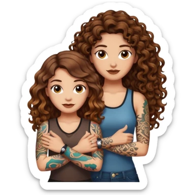 smug crossed arms — long wavy brown hair tattooed woman and short tight curly brown hair woman — glow aura sticker