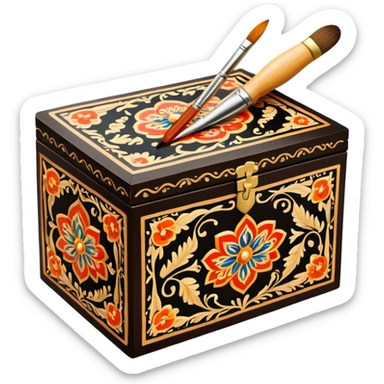 Wooden box painting icon, traditional Palekh or Khokhloma patterns being painted on a wooden box, paintbrush and fine details visible, the box in the process of decoration, visible tools like brushes and paints, minimalistic style, clean lines, transparent background. sticker