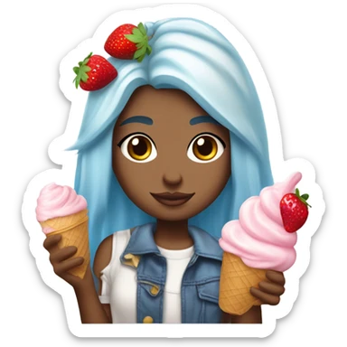 In hombre Strawberry ice cream, layered vanilla, ice, cream, strawberry jelly, whipped cream on the top with a strawberry a girl with hombre light blue hair. sticker