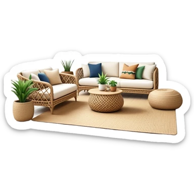 modern boho living room with many indoor plants, rattan furniture, white walls, and natural light sticker