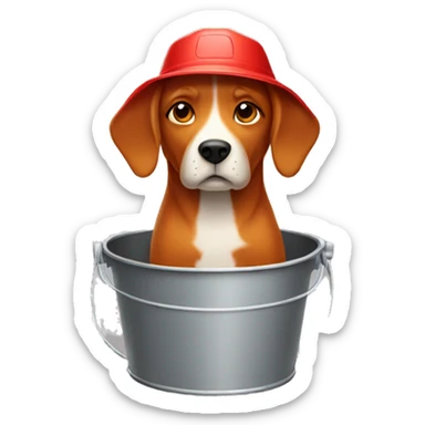 Red Dog wearing a bucket sticker