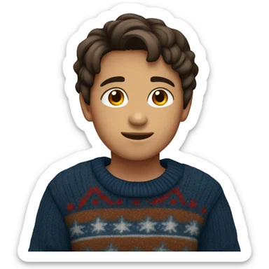 young boy, young hispanic, brown hair, short hair, brown eyes, dark blue winter sweater sticker