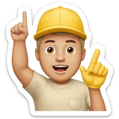 A stocky man with a cap backward, shouting proudly while pointing the foam finger upward. sticker