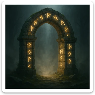 an ancient stone archway portal with runes, mystical atmosphere sticker
