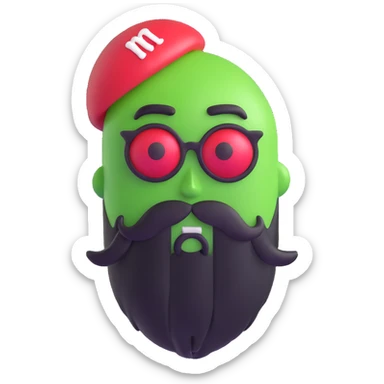 green m&m candy character with a black beard sticker