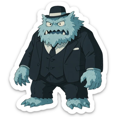 ghibli style ice monster dressed in a black and white suit and hat sticker