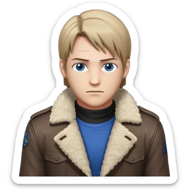 Leon Kennedy from resident evil 4 remake in sheepskin coat and black t-shirt blue eyes clean-shaved sticker