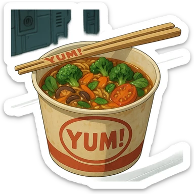 cyberpunk futuristic, scifi, a bowl of delicious veggie , ramen, 1990s, paper cup, classic style branding, with chopsticks, empty background, brand name: YUM! sticker