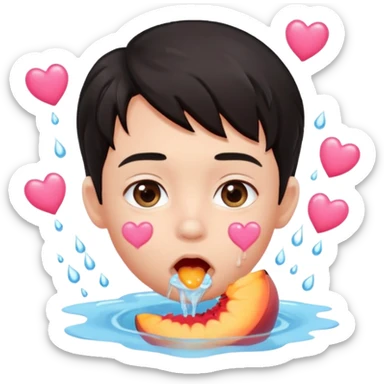 Cute boy, light pink eyes, grown out dark hair, eating a peach, pink hearts floating , water dripping from mouth sticker