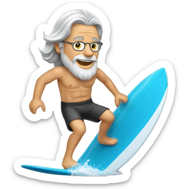 Long Grey haired (shoulder length hair) man surfing shirt off sticker