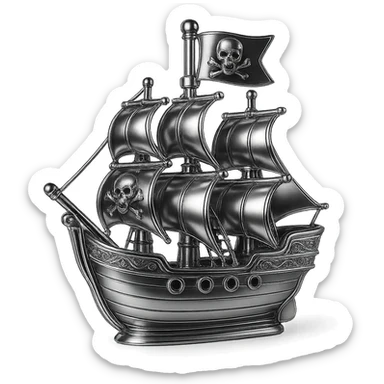 Refine the pirate ship's flag emblem to closely match the provided skull and crossed bones: a realistic animal skull with open mouth and two curved bones crossing behind it, all rendered in a dramatic chrome style. Keep the rest of the ship and flag in chrome with a dramatic effect. sticker