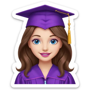 girl with long wavy brown hair, blue eyes, long lashes makeup, sexy pink lips, wearing a purple graduation cap and gown sticker
