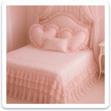 a pink frilly bed with heart-shaped pillows and lace, coquette aesthetic, soft and romantic sticker