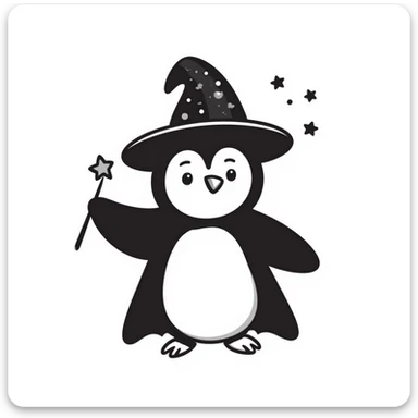 cute penguin wearing a wizard hat and robe, holding a magic wand sticker