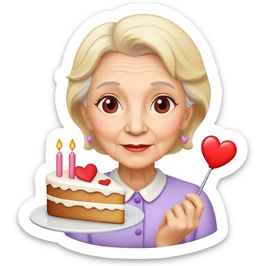 Une vieille dame cheveux blonds avec un gâteau et un coeur  sticker