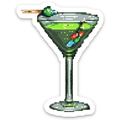 simple martini glass with colorless liquid, just showing glass outline with minimal liquid representation, green olive on toothpick at bottom sticker
