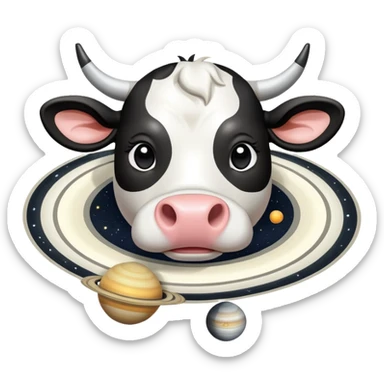 Cartoon cow face with Saturn as its body, the planetary rings circling the middle, and disproportionately large barefoot human feet at the bottom sticker