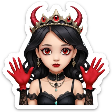 Holed and worn Lavish black evening gown with see-through gloves, Jenna Ortega as Addams woman wearing a steampunk mini tiara, very large blood red evil-looking horned old dragon evil eyes  sticker