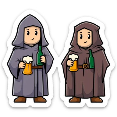 group of medieval pilgrims with cloaks and beer bottles sticker
