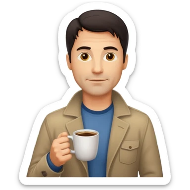 A handsome 45 year old white man with dark hair in a very foggy park with a city view drinking a cup of coffee sticker