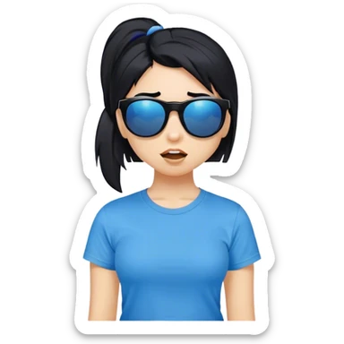 A girl with black bob hair with pony, wearing black sunglasses，funny(0.5) face (0.5)，wacky expression, a blue t-shirt.  sticker