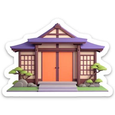 Traditional Japanese house with wooden beams, paper doors, tatami sticker