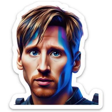 Synthwave Messi in bladerunner style, oil paint, epic eyes, intricate lips, exquisite pose, beautiful, desirable, logical sticker