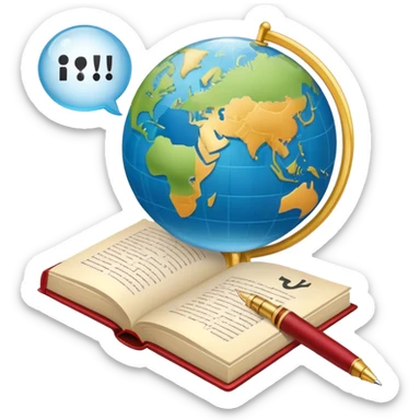 An icon featuring an open book, a speech bubble, and a pen, symbolizing philology and linguistics. The design includes a globe with language characters and grammar symbols, representing the study of languages and literature. Transparent background highlights language analysis. sticker