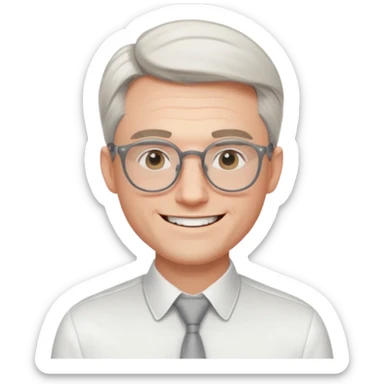30 yr old pale white man, white/grey side swept stylish hair, round glasses, big smile, white teeth, handsome, longer hair, thin glasses, white dress shirt, smooth forehead, botox sticker