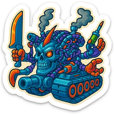 Create a skull robot tank with 4 distinct arms, each hand holding a different weapon: a large industrial blade (not a sword), a blaster, a menacing syringe, and a claw. The design should be menacing and intimidating with shiny greyscale metal parts and vibrant color accents on some non-metal elements. Use a retro stickers style with clean outline, compact proportions, and transparent background. sticker