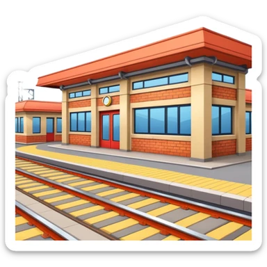 train station building with platform and tracks, bright colors, no text sticker