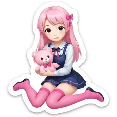 Anime girl in thigh-high stockings, kneeling playfully while holding a cute pink plush toy. Soft shading, warm lighting, charming and wholesome atmosphere. sticker