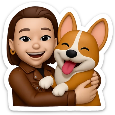 add a brown leather jacket to her while she is hugging a corgi dog, keep the golden ring earrings, same style sticker