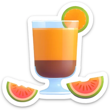 traditional layered carajillo in small clear glass showing golden liquor at bottom and coffee on top, with cantaloupe melon slice beside it sticker