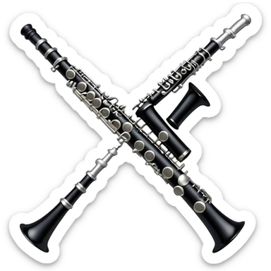 Cinematic Realistic Clarinet, deep black body with gleaming silver keys, rich warm lighting catching every intricate detail, slightly worn mouthpiece adding authenticity, glowing with a timeless and sophisticated presence. sticker