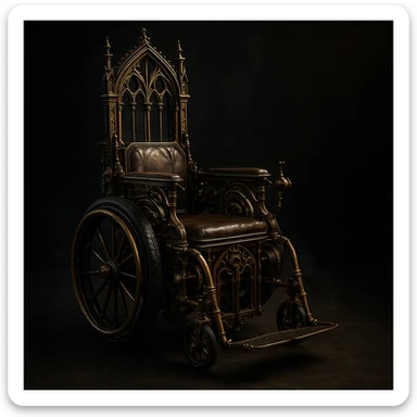 gothic steampunk wheelchair, brass and iron, gothic arches, mechanical embellishments, moody atmosphere sticker