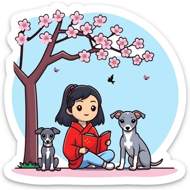 A beautiful 25-year-old Chinese woman with long black hair and a pure dark grey Italian Greyhound with absolutely NO white markings anywhere on its body sitting under a cherry blossom tree. The dog must be completely solid dark grey with no white on muzzle, paws, or chest. sticker