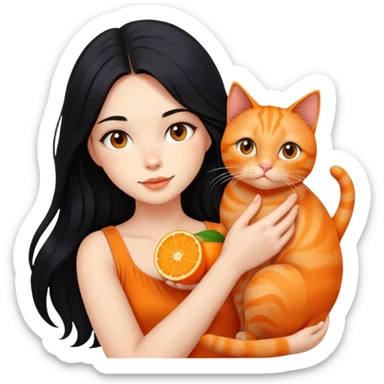 beautiful girl with long flowing black hair holding an orange ginger cat sticker