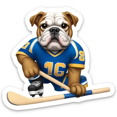 A bulldog with a hockey jersey and helmet holding a stick sticker
